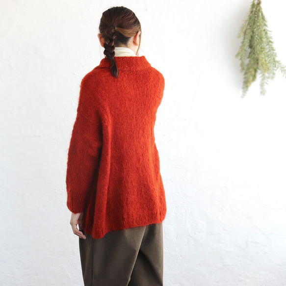 ふんわり軽いリアルモヘア 手編みジャケット 襟付きニットカーディガン （テラコッタ）npcl04 7枚目の画像