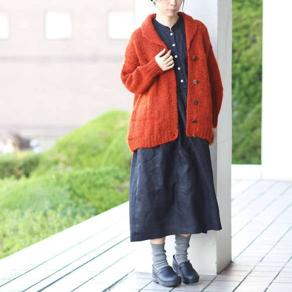 ふんわり軽いリアルモヘア 手編みジャケット 襟付きニットカーディガン （テラコッタ）npcl04 5枚目の画像