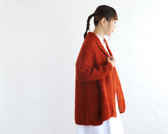 ふんわり軽いリアルモヘア 手編みジャケット 襟付きニットカーディガン （テラコッタ）npcl04 2枚目の画像