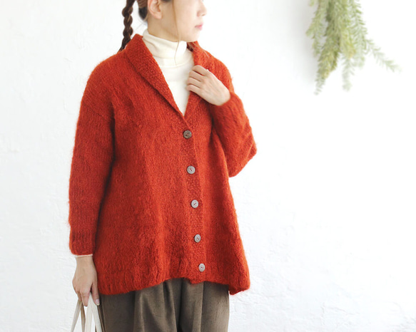 ふんわり軽いリアルモヘア 手編みジャケット 襟付きニットカーディガン （テラコッタ）npcl04 6枚目の画像