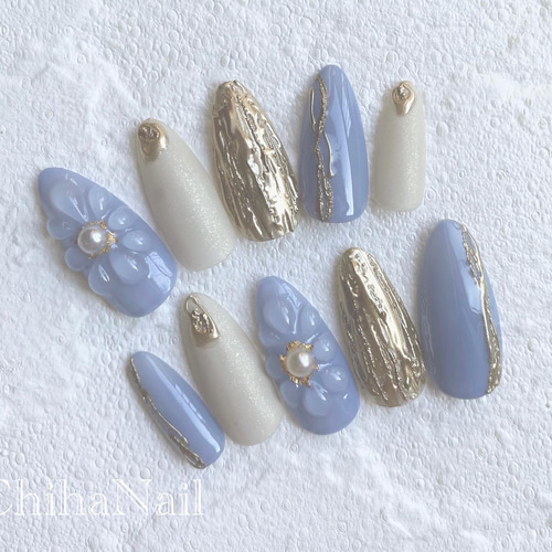 サイズオーダー】ぷっくりフラワーネイルネイルチップ くすみブルー