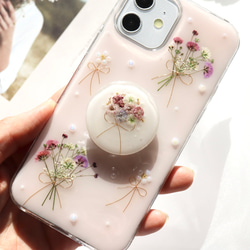 chiffonpink かすみ草とpearlflower スマホグリップ付き 押し花スマホケース  全機種 クリア 6枚目の画像