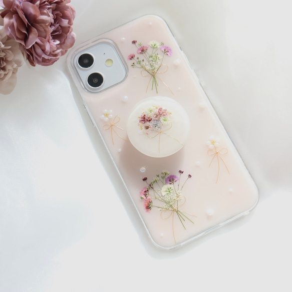 chiffonpink かすみ草とpearlflower スマホグリップ付き 押し花スマホケース  全機種 クリア 5枚目の画像