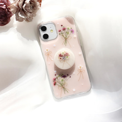 chiffonpink かすみ草とpearlflower スマホグリップ付き 押し花スマホケース  全機種 クリア 3枚目の画像