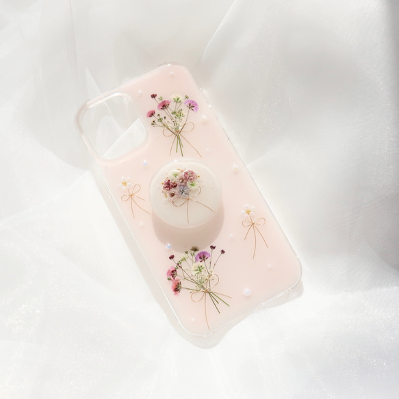 chiffonpink かすみ草とpearlflower スマホグリップ付き 押し花スマホケース  全機種 クリア 4枚目の画像