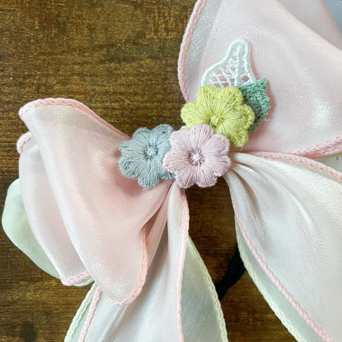 発表会、卒業式、入学式 フラワー×双色レイヤーリボン×オーガンジー