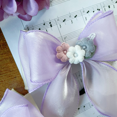 発表会、卒業式、入学式 フラワー×双色レイヤーリボン×オーガンジー