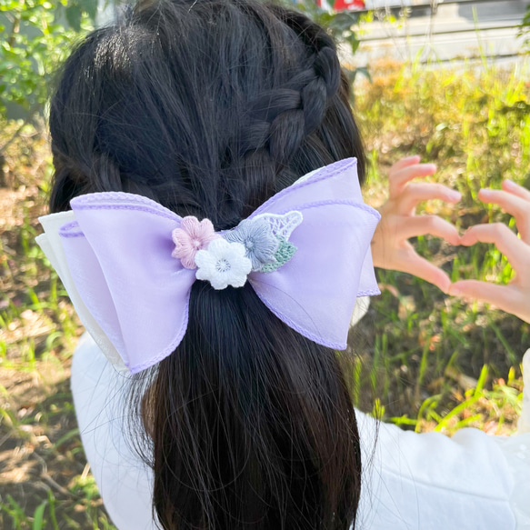 発表会、卒業式、入学式 フラワー×双色レイヤーリボン×オーガンジー