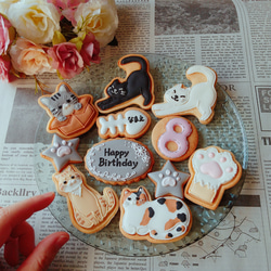 【誕生日セット】ねこアイシングクッキー３枚～ 1枚目の画像