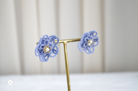 梭織花朵耳環&lt;雨藍&gt; 第2張的照片