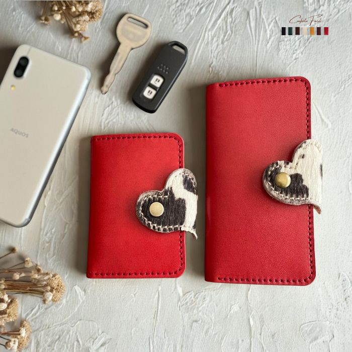 ◆7色◆ハート本革手帳型スマホケースとキーケースセット[多機種対応]iPhone17 他