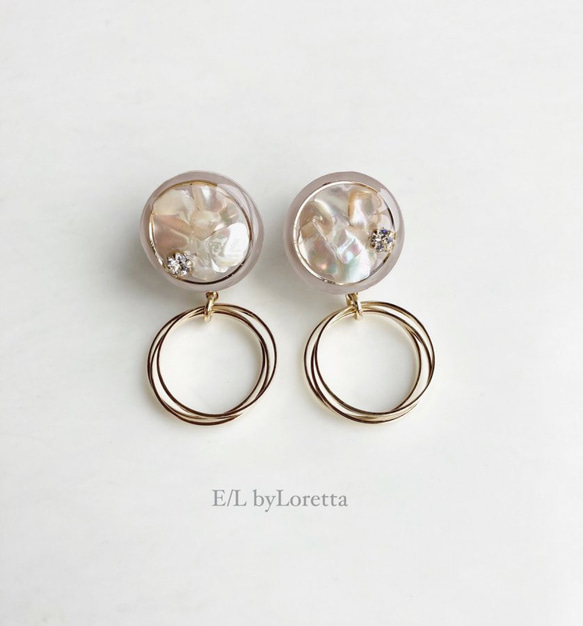 Mini circle shell triple hoop pierce/earring(Smoky Pink) 1枚目の画像