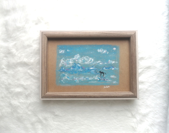 『黒馬の青い湖』　原画/額つき/ハガキサイズ/オイルパステル/オリジナルアート 1枚目の画像