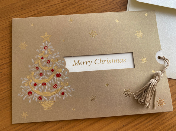 再入荷！イタリア製　品のある、大人のクリスマスカード！『エンボス加工　きらきら箔押し　ツリー柄』～タッセル付き～ 6枚目の画像
