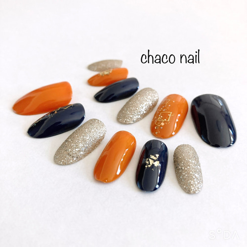 送料無料】ネイルチップ/付け爪/オレンジ/ネイビー/結婚式/ブライダル