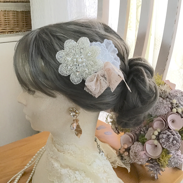 【(*ˊᵕˋ*)੭ ੈ❤︎ ヘアアクセサリー】ヘッドドレス　レース　ビーズ　ウエディング　ブライダル　結婚式451 2枚目の画像