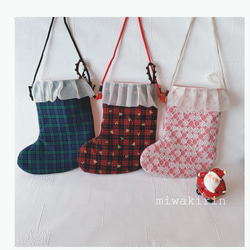 クリスマス靴下オーナメント⭐︎ポシェットにもなる♡チェック✖️くまさん✖️さくらんぼ　女の子　プレゼント　ギフト 10枚目の画像