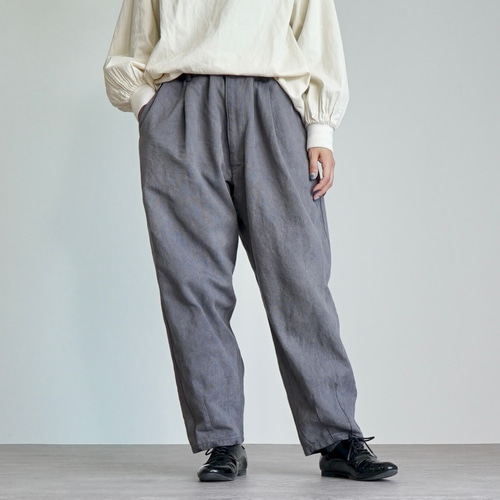 UZUiROウズイロ　刺し子織りパンツ/三河木綿 /フリーサイズ よろけ縞一本刺し子 バルーンパンツ/グレー/三河木綿 刺し子織