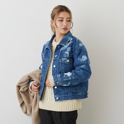 《20%OFF》ゆったり着れるショート丈デニムジャケット　XS,S,Mサイズ　ぼかし柄ブルー　しっかり質感　国産デニム 5枚目の画像