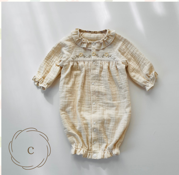 ⭐︎オーダー製作⭐︎ふんわりツーウェイオール【刺繍c】新生児50〜70サイズ　トリプル　ガーゼ生地　長袖　半袖 1枚目の画像