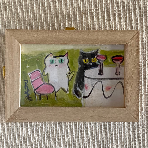 絵画。原画手描き【かわいい猫ちゃんたちの花、ワイン