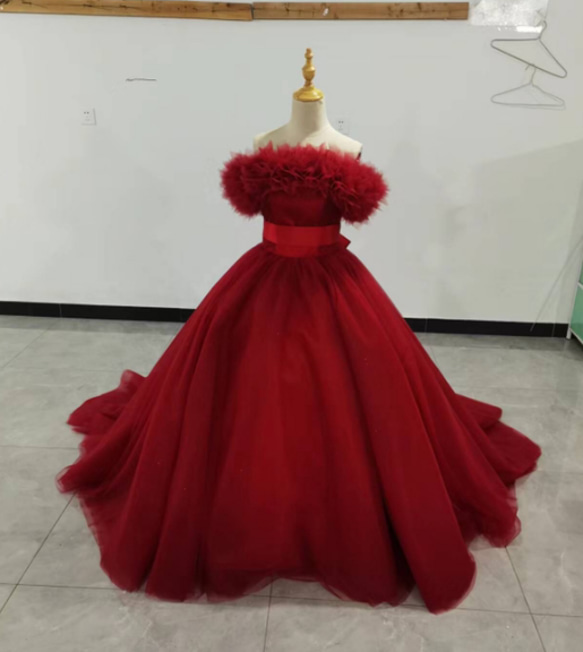 チェリーピンクカラードレス ソフトチュール ベアトップ サッシュ  