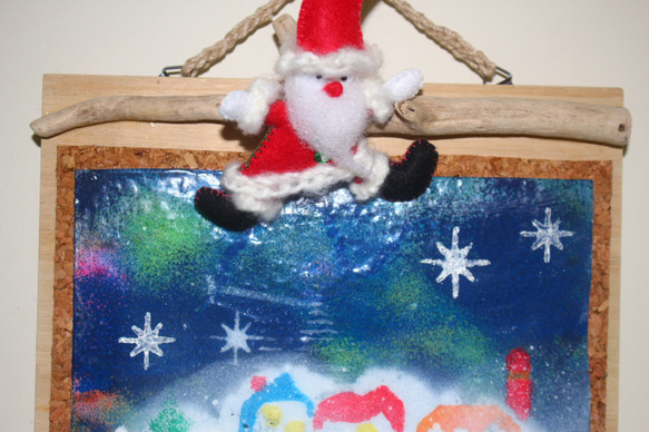 クリスマス！サンタがやって来た‼　アクリル画＆コルクボード。送料無料。 1枚目の画像