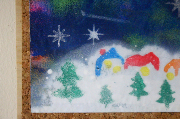 クリスマス！サンタがやって来た‼　アクリル画＆コルクボード。送料無料。 4枚目の画像