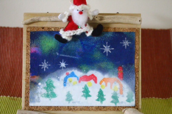 クリスマス！サンタがやって来た‼　アクリル画＆コルクボード。送料無料。 2枚目の画像