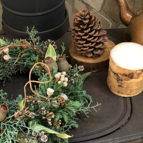 クリスマスリースと白樺キャンドルとウッドプレートのセット☆ リース