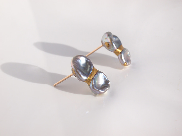 金繼木珍珠【耳環】-銀灰色- | 淡水珍珠巴洛克珍珠金粉14Kgf 第2張的照片
