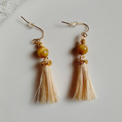 ゴールデンタイガーアイ◇精麻タッセルピアスミニビーズ刺繍ゴールド