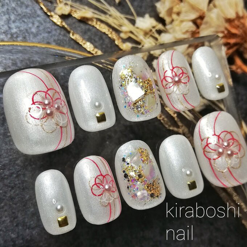 白無垢に♡シェル 赤色水引ネイル【注文時サイズ必須です♡ 【vol.8①