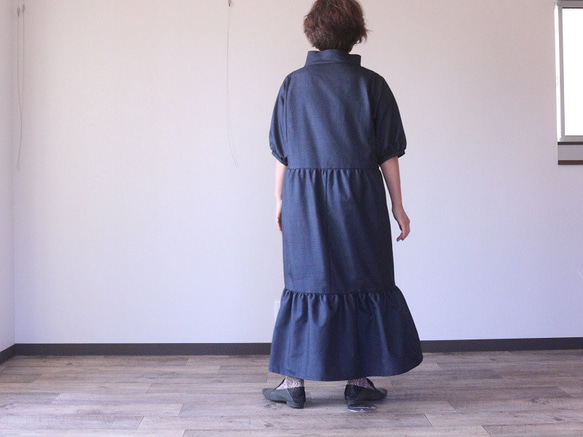 着物リメイク　亀甲大島紬ハイネックギャザーワンピース　細目サイズ 6枚目の画像