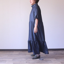 着物リメイク　亀甲大島紬ハイネックギャザーワンピース　細目サイズ 4枚目の画像