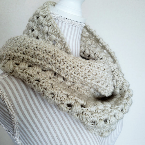 絵画なパッチワーク♥手編み+♥エクリュ♥ふわふわエコファー♥ボリュームスヌード 絵画なパッチワーク♥手編み+♥エクリュ♥ふわふわエコファー