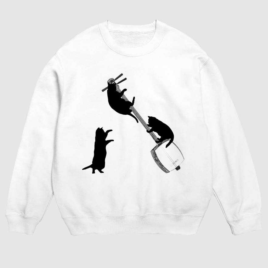 三味線と黒猫のスウェット(白/裏パイル)