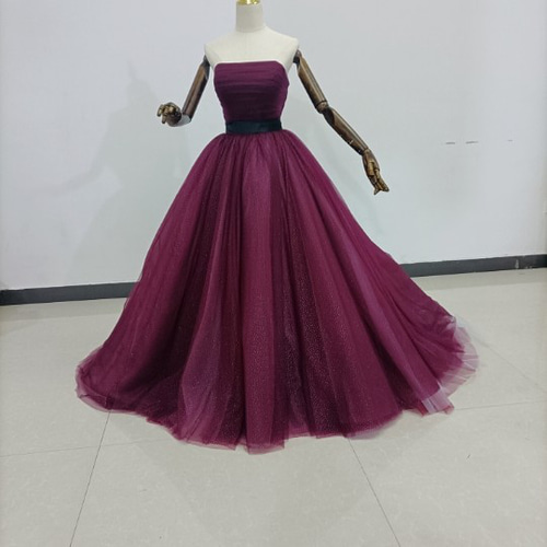 パーティード パープル パフスリーブ 飛ぼ 背中見せ 豪華！披露宴  