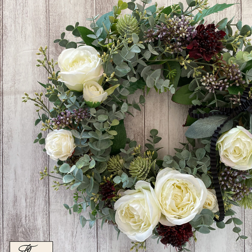 フラワーリース＊ 特大 ローズとユーカリのナチュラルリース ぷりこて
