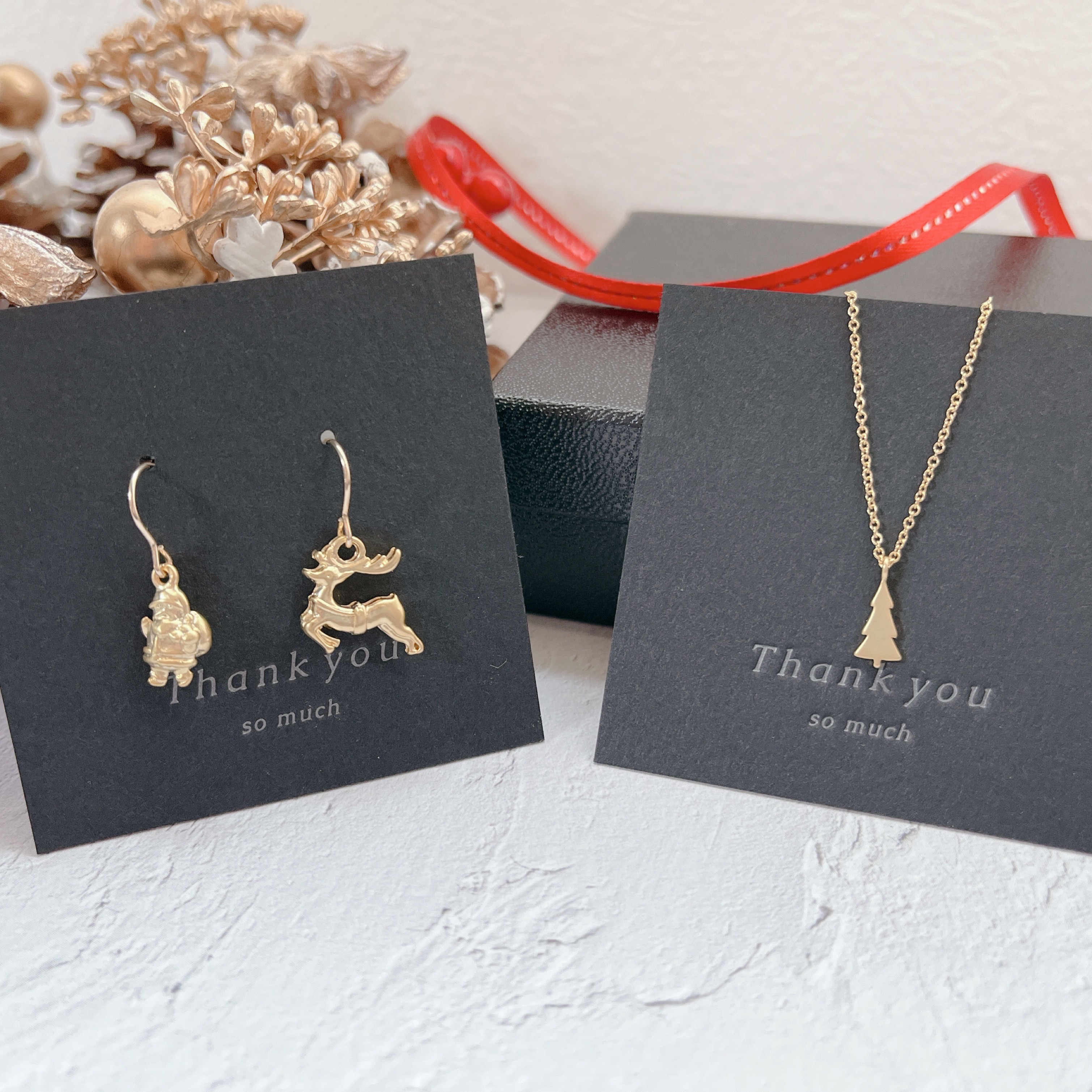 【クリスマスセット】14kgfネックレス&ピアス　小さなXmas gift Box