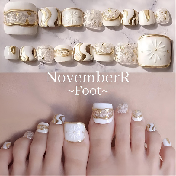 FA143⭐白&ゴールドミラーフットネイルチップ ネイルチップ（つけ爪