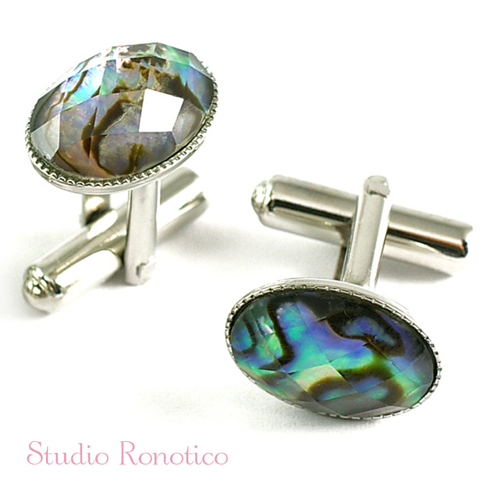 アバロンシェル＋クリスタル 天然石 カフス