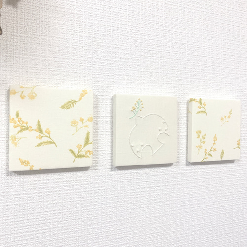 ミモザと鳥のファブリックパネル3枚セット｜インテリア｜アートパネル