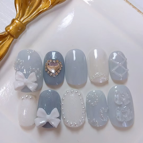 フレンチガーリー ハート ネイルチップ 水色ネイル 量産型 推し