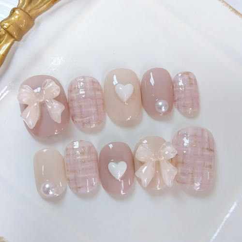 ネイルチップ ツイード チャーム リボン ガーリー フリル 韓国 ネイルチップ ツイード チャーム リボン ガーリー フリル 韓国