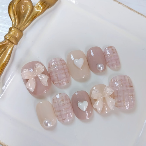 ネイルチップオーダーガーリーネイルピンクベージュリボンチェック韓国