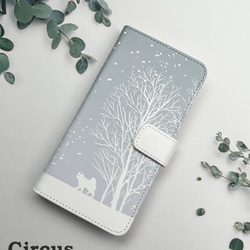 XPERIA AQUOS Galaxy シリーズ 手帳型ケース カメラ穴対応 雪景色とわんちゃん 1枚目の画像