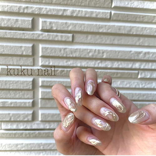 シャンパンゴールドミラー×もやもやニュアンスネイルチップ ネイル  