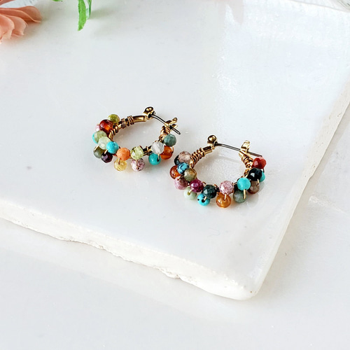 ✧天然石✧colorful！ マルチカラー 2連フープピアス