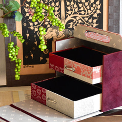 カルトナージュ ボックス、3作品 カルトナージュ】カレン族のファブリック使用 3段ジュエリーボックス